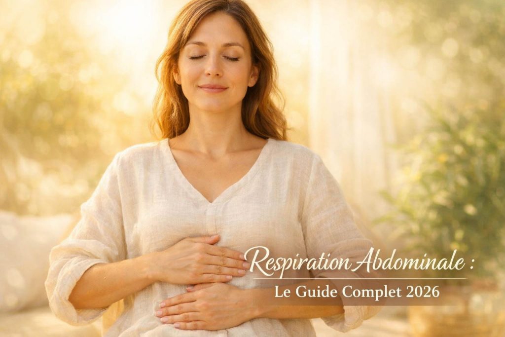 Femme pratiquant la respiration abdominale, mains sur le ventre, expression sereine