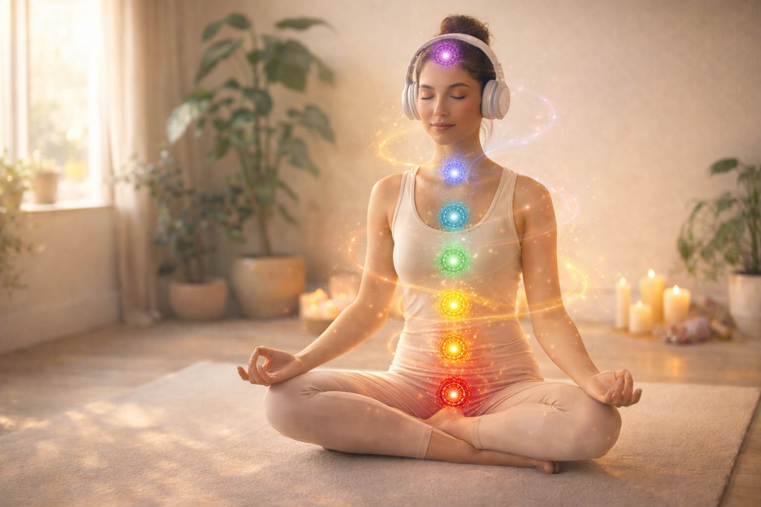 Femme méditant pour débloquer ses chakras avec les chants thérapeutiques Hz Femme méditant pour débloquer ses chakras avec les chants thérapeutiques Hz