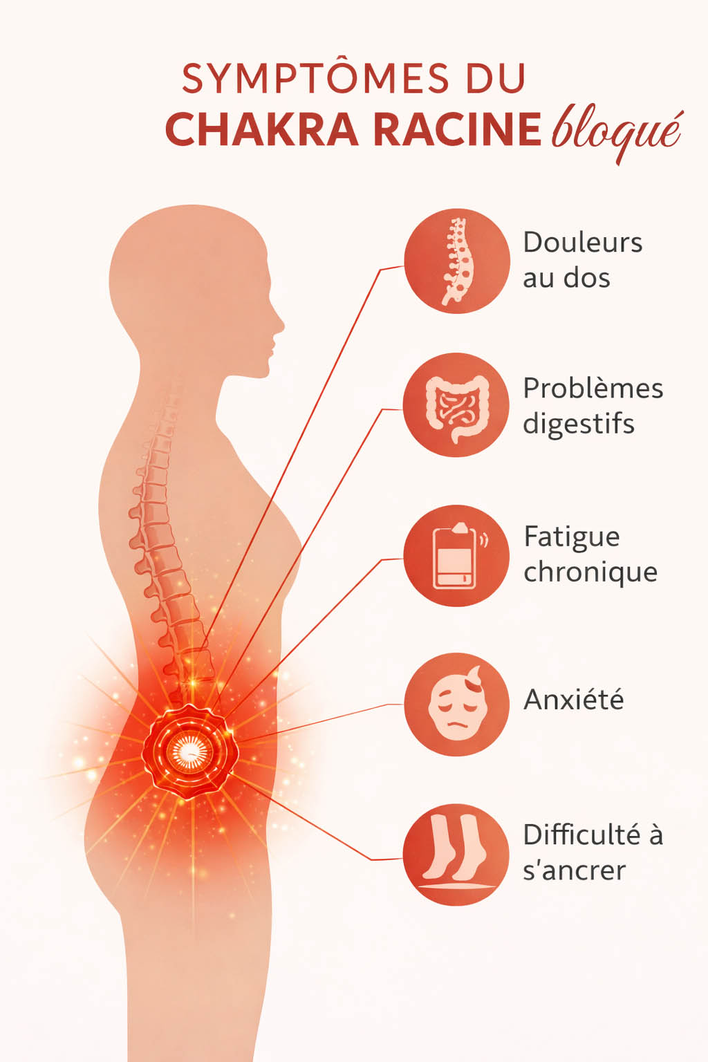 Infographie symptômes chakra racine bloqué Douleurs dos fatigue anxiété Infographie symptômes chakra racine bloqué Douleurs dos fatigue anxiété
