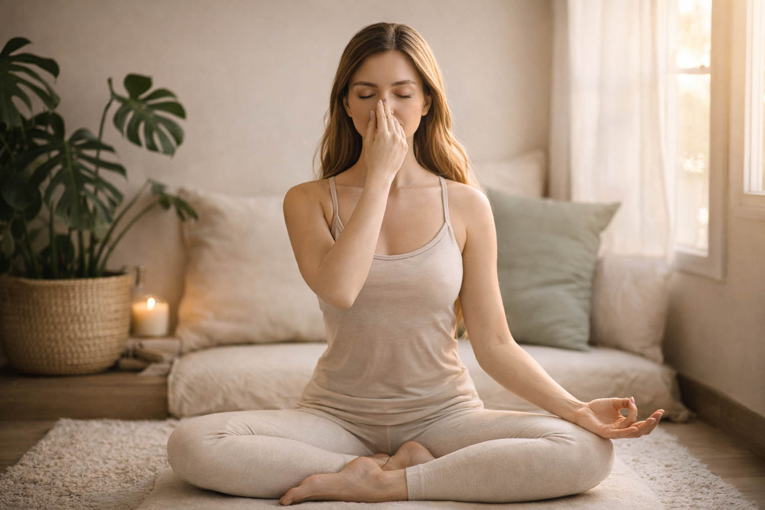 femme pratique nadi shodhana méditation yoga respiration alternée