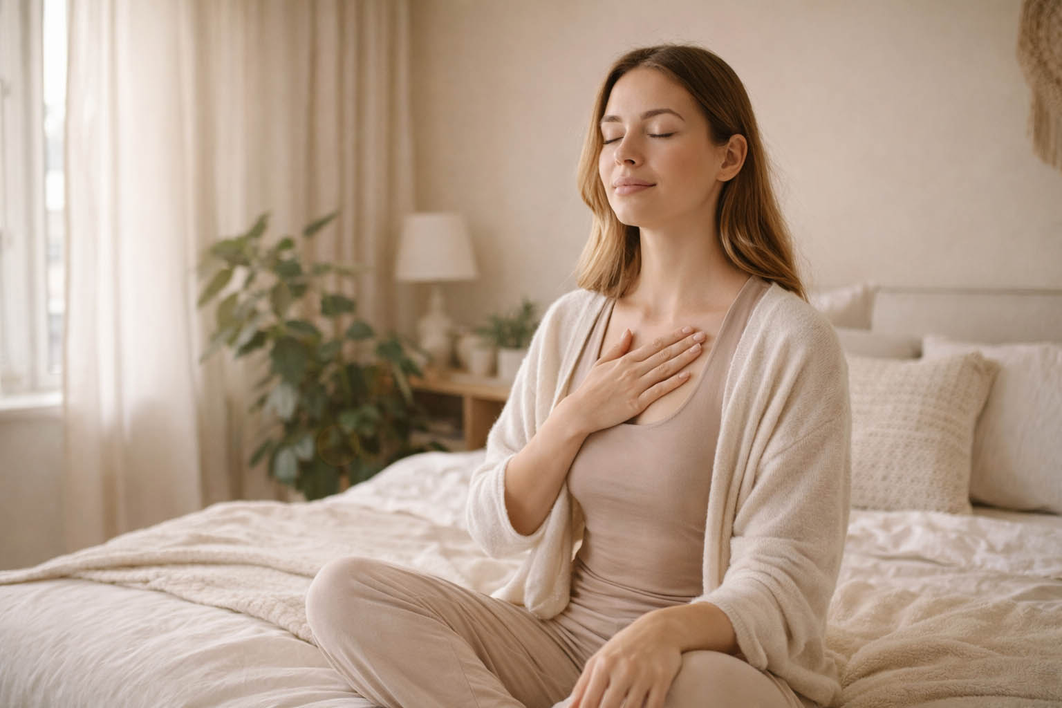 femme pratique respiration 4-7-8 calme sommeil